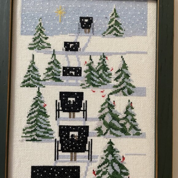 Vintage Cross Stitch Holiday Memories Sampler Framed Wall Art Carriages Trees - Picture 3 of 8